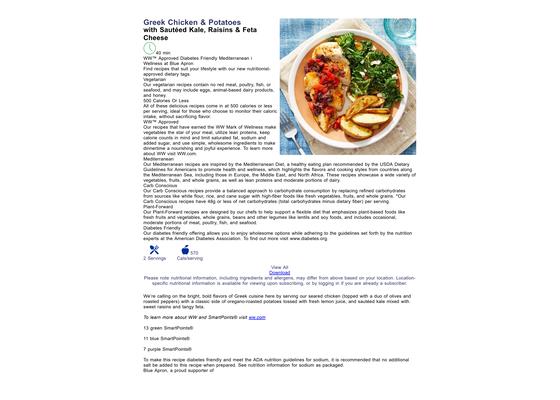Greek Chicken & Potatoes with Sauteed Kale, Raisins & Feta Cheese