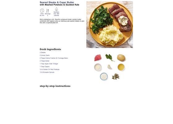 Seared Steaks & Caper Butter with Mashed Potatoes & Sauteed Kale