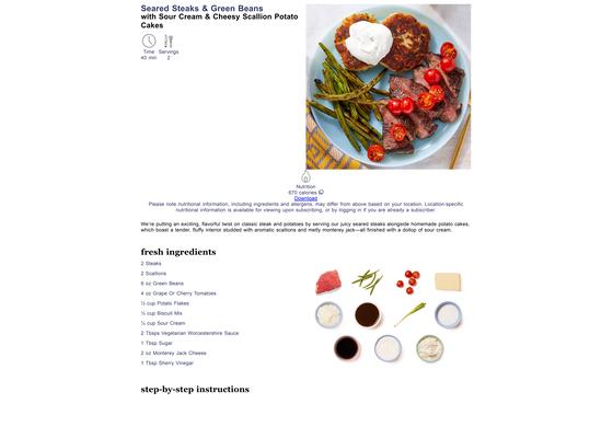 Seared Steaks & Green Beans with Sour Cream & Cheesy Scallion Potato Cakes