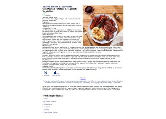 Seared Steaks & Soy Glaze with Mashed Potatoes & Togarashi Vegetables